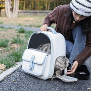 Stylish Cat Backpack Carrier β Minimalist PU Leather Pet Bag for Travel & Outings (Pink, Blue, White, Black)
